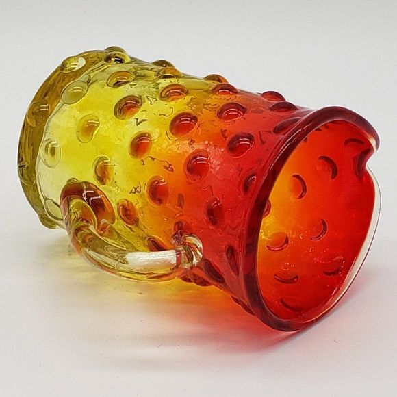 Mini Amberina Vintage Hand Blown Hobnail Glass Pitcher or Vase w/Applied Handle - Picture 2 of 14